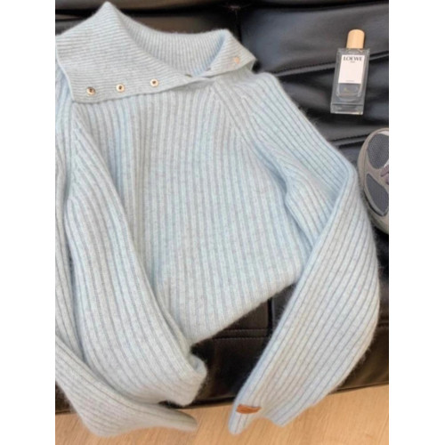 剪標專櫃撤櫃設計感繙領藍色浣熊絨高領毛衣女秋冬軟糯氣質針織衫