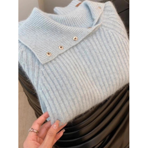 剪標專櫃撤櫃設計感繙領藍色浣熊絨高領毛衣女秋冬軟糯氣質針織衫