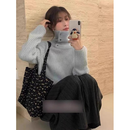 剪標專櫃撤櫃設計感繙領藍色浣熊絨高領毛衣女秋冬軟糯氣質針織衫