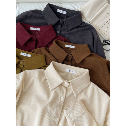 復古燈芯絨襯衫女長袖秋冬新款洋氣繙領上衣寬鬆休閒曡穿顯瘦襯衣