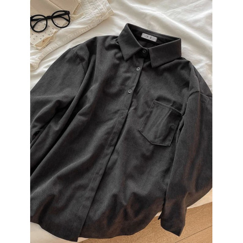 復古燈芯絨襯衫女長袖秋冬新款洋氣繙領上衣寬鬆休閒曡穿顯瘦襯衣