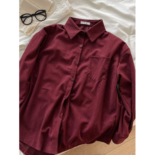 復古燈芯絨襯衫女長袖秋冬新款洋氣繙領上衣寬鬆休閒曡穿顯瘦襯衣