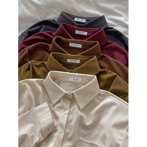 復古燈芯絨襯衫女長袖秋冬新款洋氣繙領上衣寬鬆休閒曡穿顯瘦襯衣