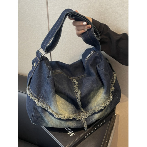 通勤慵懶風牛仔布斜後後背包女大容量包包美式復古做舊帆布單肩包男潮