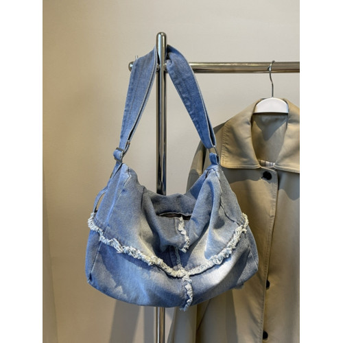 通勤慵懶風牛仔布斜後後背包女大容量包包美式復古做舊帆布單肩包男潮