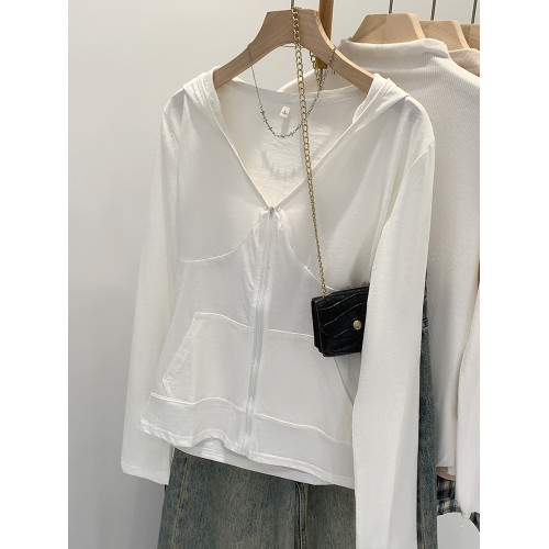 2025夏日好看竹節棉白色連帽防曬罩衫薄款開衫外套女夏季新款上衣