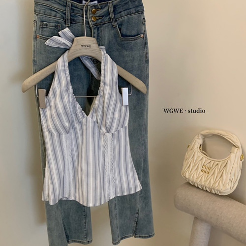 認真賣 春夏韓系少女新款時尚粉色條紋蕾絲百搭顯瘦掛脖上衣