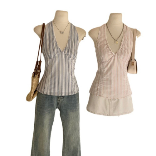 認真賣 春夏韓系少女新款時尚粉色條紋蕾絲百搭顯瘦掛脖上衣