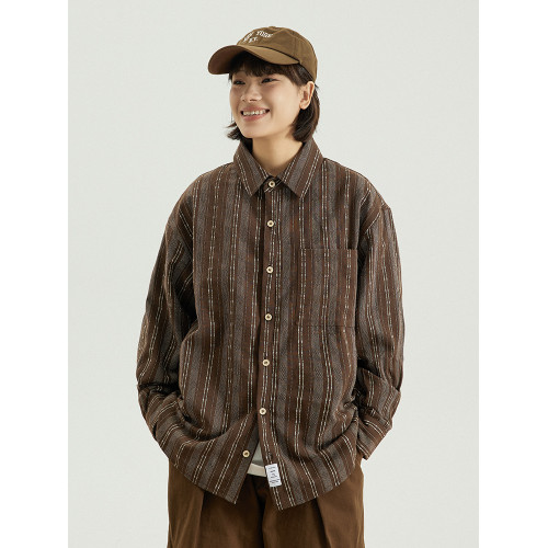 GoodNorth 2025新款日系文藝復古竪條紋長袖襯衫男女同款寬鬆襯衣