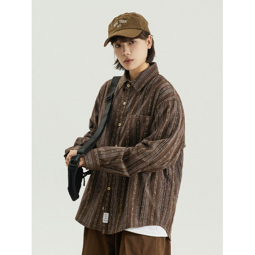 GoodNorth 2025新款日系文藝復古竪條紋長袖襯衫男女同款寬鬆襯衣