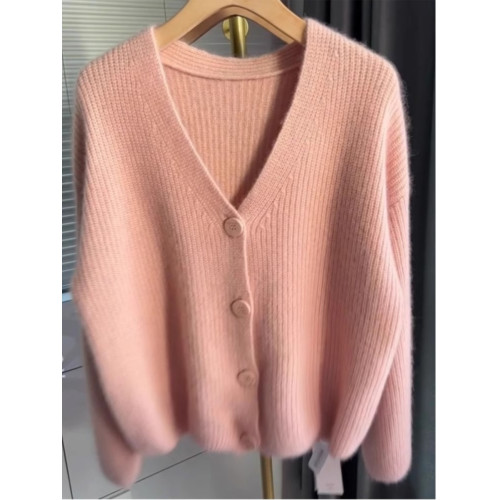 杭州四季青女裝廣州十三行粉色V領針織開衫外套秋冬慵懶加厚毛衣