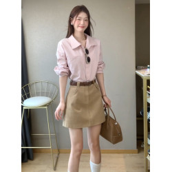 粉色polo領長袖襯衫女春季2026新款高級感超好看休閒簡約開衫襯衣