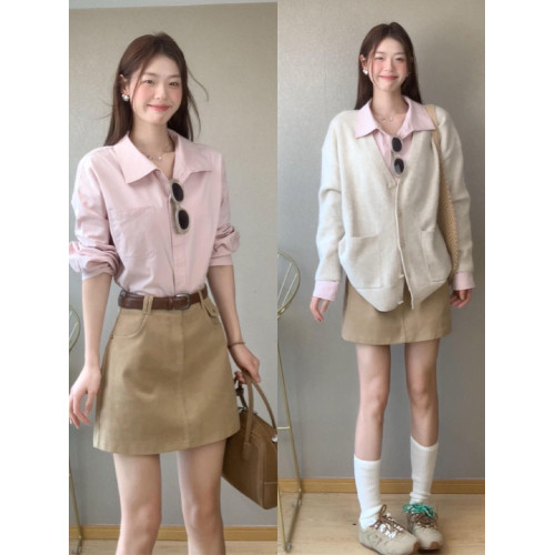 粉色polo領長袖襯衫女春季2026新款高級感超好看休閒簡約開衫襯衣