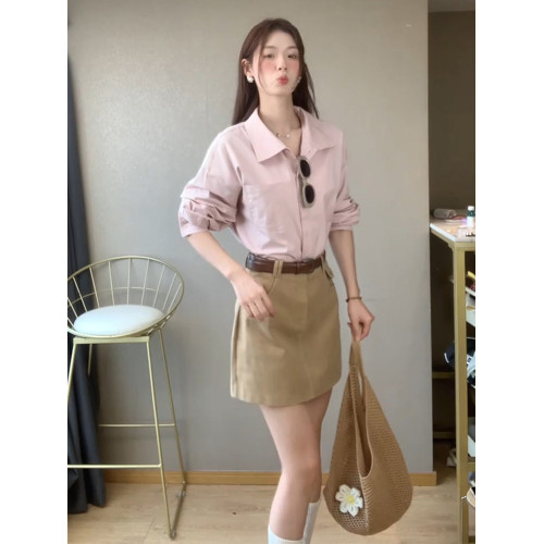 粉色polo領長袖襯衫女春季2026新款高級感超好看休閒簡約開衫襯衣