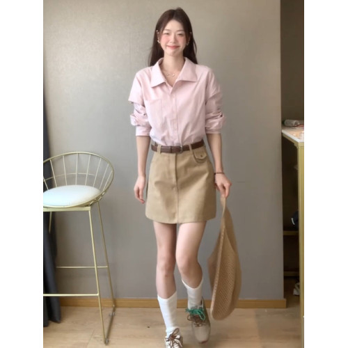 粉色polo領長袖襯衫女春季2026新款高級感超好看休閒簡約開衫襯衣