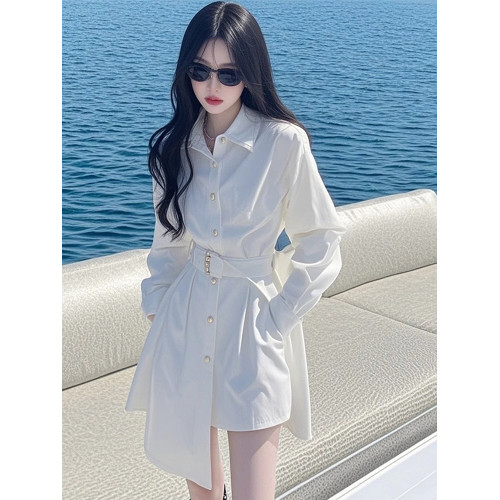 專櫃撤櫃春季新款韓版設計感收腰顯瘦超好看白色不規則襯衫連衣裙