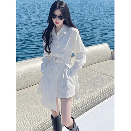 專櫃撤櫃春季新款韓版設計感收腰顯瘦超好看白色不規則襯衫連衣裙