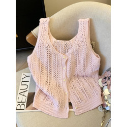 四季青女裝~復古鉤花慵懶風針織衫女寬鬆短款單排釦吊帶鏤空背心