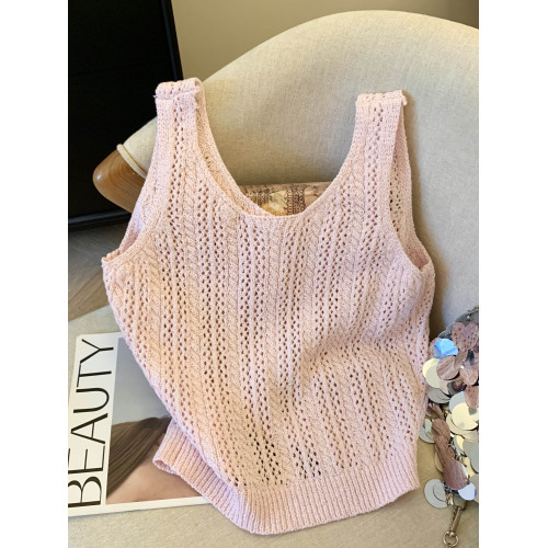 四季青女裝~復古鉤花慵懶風針織衫女寬鬆短款單排釦吊帶鏤空背心