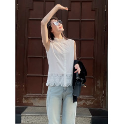 麥芽/Mayya 小芭蕾 春季新款無袖鉤花白色木耳邊打底馬甲襯衫女士