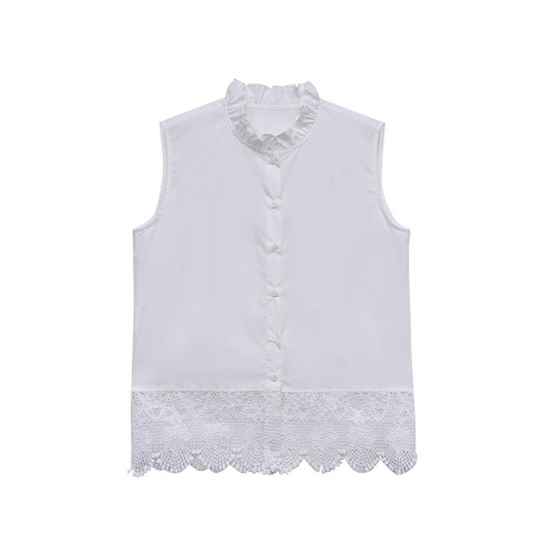 麥芽/Mayya 小芭蕾 春季新款無袖鉤花白色木耳邊打底馬甲襯衫女士