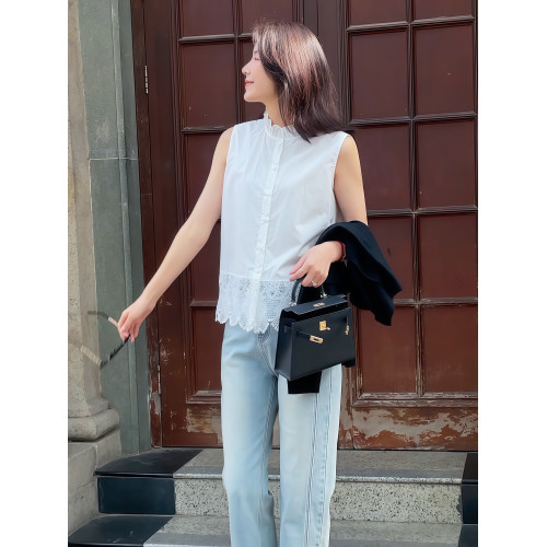 麥芽/Mayya 小芭蕾 春季新款無袖鉤花白色木耳邊打底馬甲襯衫女士