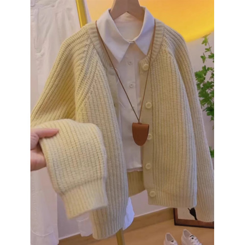 原單女裝專櫃撤廻奶黃色圓領針織開衫秋冬季慵懶厚實毛衣外套