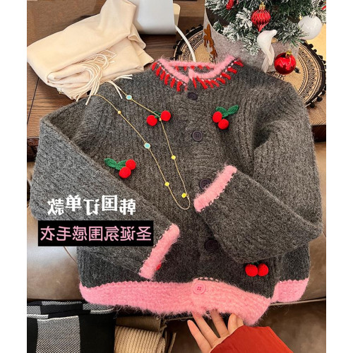 2025冬裝重工櫻桃時髦拼接撞色針織開衫外套女顯瘦粉灰韓國毛衣