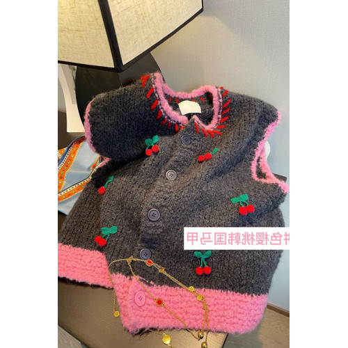 2025冬裝重工櫻桃時髦拼接撞色針織開衫外套女顯瘦粉灰韓國毛衣