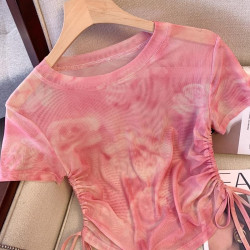 專櫃撤廻剪標水墨畫紥染網紗短袖T恤女夏款收腰辣妹抽繩短款上衣