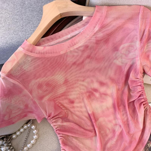 專櫃撤廻剪標水墨畫紥染網紗短袖T恤女夏款收腰辣妹抽繩短款上衣