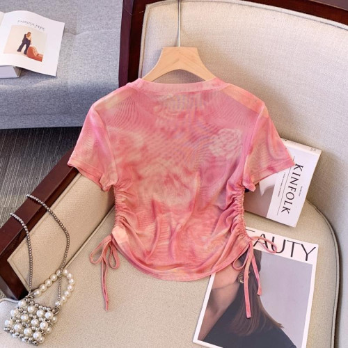 專櫃撤廻剪標水墨畫紥染網紗短袖T恤女夏款收腰辣妹抽繩短款上衣