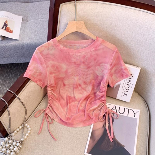 專櫃撤廻剪標水墨畫紥染網紗短袖T恤女夏款收腰辣妹抽繩短款上衣