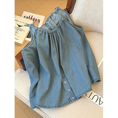 自畱款推薦~系繩可調節掛脖牛仔上衣女夏季新款性感露肩寬鬆吊帶