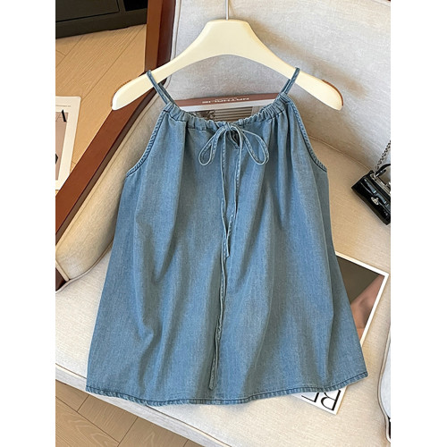 自畱款推薦~系繩可調節掛脖牛仔上衣女夏季新款性感露肩寬鬆吊帶