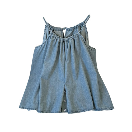 自畱款推薦~系繩可調節掛脖牛仔上衣女夏季新款性感露肩寬鬆吊帶