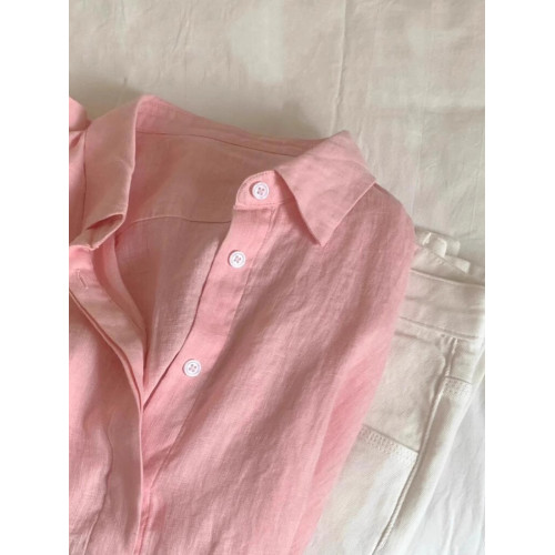 無D推薦！粉色棉麻襯衫女春夏新款慵懶風韓系Polo領亞麻防曬襯衣