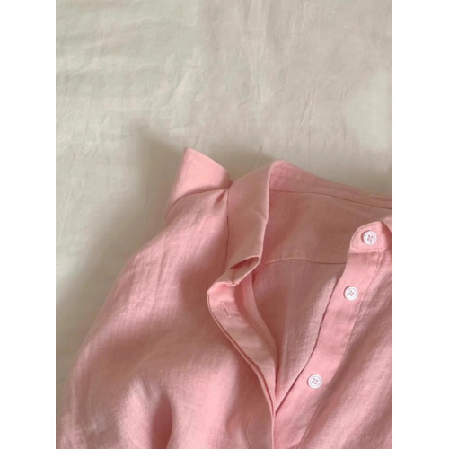 無D推薦！粉色棉麻襯衫女春夏新款慵懶風韓系Polo領亞麻防曬襯衣