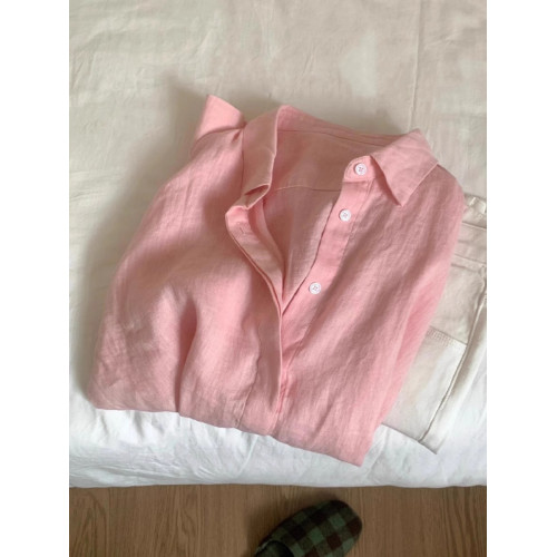 無D推薦！粉色棉麻襯衫女春夏新款慵懶風韓系Polo領亞麻防曬襯衣