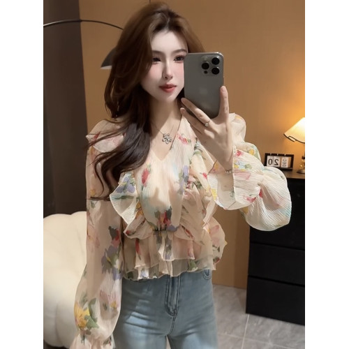 溫柔風印花V領荷葉邊防曬襯衫女2025春夏新款設計感洋氣減齡上衣