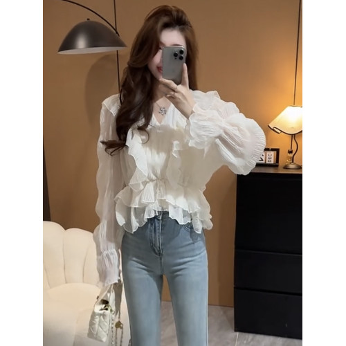 溫柔風印花V領荷葉邊防曬襯衫女2025春夏新款設計感洋氣減齡上衣