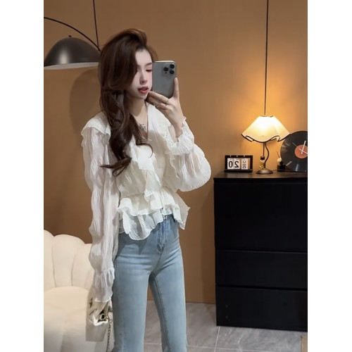 溫柔風印花V領荷葉邊防曬襯衫女2025春夏新款設計感洋氣減齡上衣