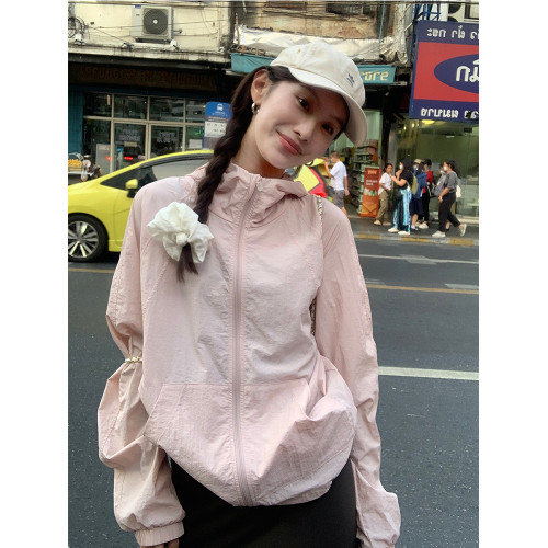 粉色工裝沖鋒衣女夏季輕薄戶外徒步連帽登山服外套寬鬆速乾防曬衣