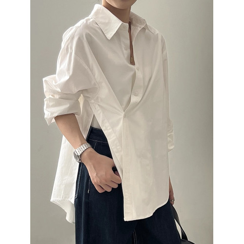 韓版高級感不規則側開叉白色長袖襯衫女寬鬆休閒簡約時尚防曬襯衣