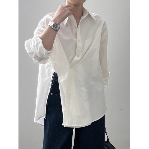 韓版高級感不規則側開叉白色長袖襯衫女寬鬆休閒簡約時尚防曬襯衣
