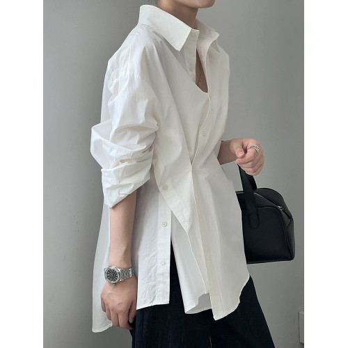 韓版高級感不規則側開叉白色長袖襯衫女寬鬆休閒簡約時尚防曬襯衣