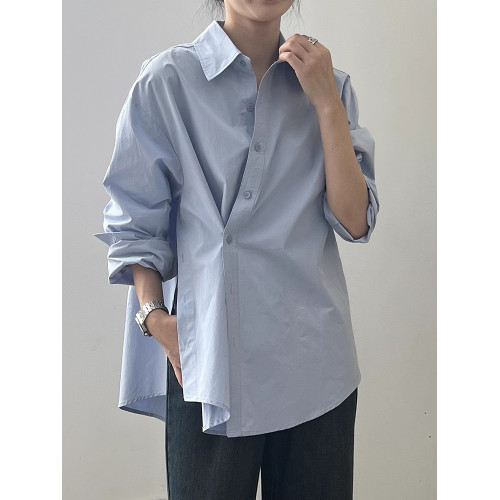 韓版高級感不規則側開叉白色長袖襯衫女寬鬆休閒簡約時尚防曬襯衣