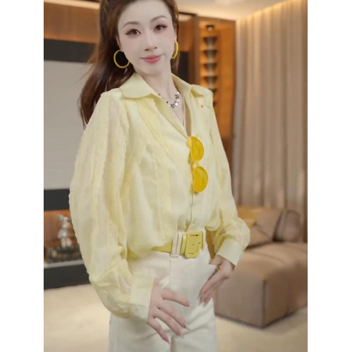 韓系穿搭淺黃色長袖襯衫輕奢高級感2025秋季小衆別致百搭氣質襯衣