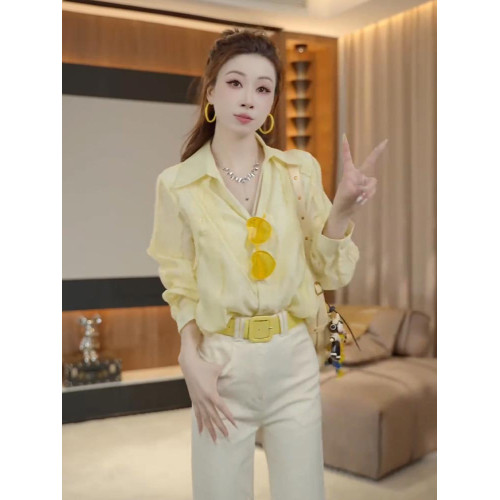 韓系穿搭淺黃色長袖襯衫輕奢高級感2025秋季小衆別致百搭氣質襯衣