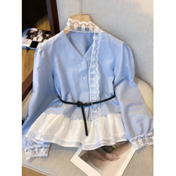 自畱款推薦~法式蕾絲飄帶v領長袖襯衫女春秋假兩件荷葉邊裙擺上衣